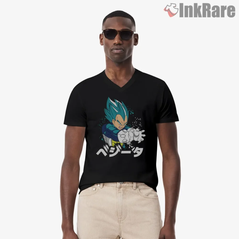 Vegeta Chibi Lightning Punch Shirt on black v-neck shirt for men graphic tee