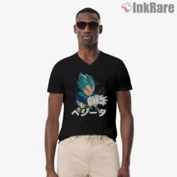 Vegeta Chibi Lightning Punch Shirt on black v-neck shirt for men graphic tee