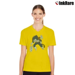 Women’s Vegeta Dragon Ball Z Japanese V-Neck Tee in yellow | Chic Neckline, Soft Texture