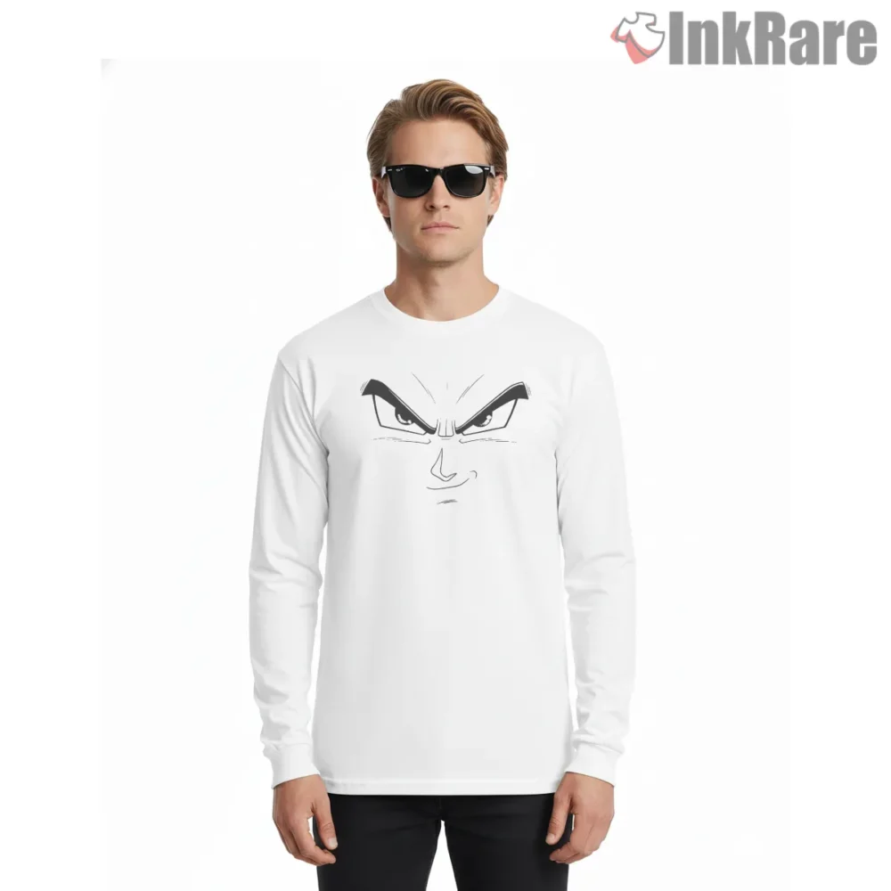 Vegeta Fierce Gaze Dragon Ball Z Close Up Shirt on white long sleeve shirt for men graphic tee
