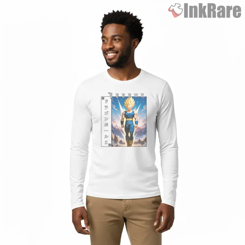 Vegeta Golden Aura Anime Warrior Shirt on white long sleeve shirt for men graphic tee