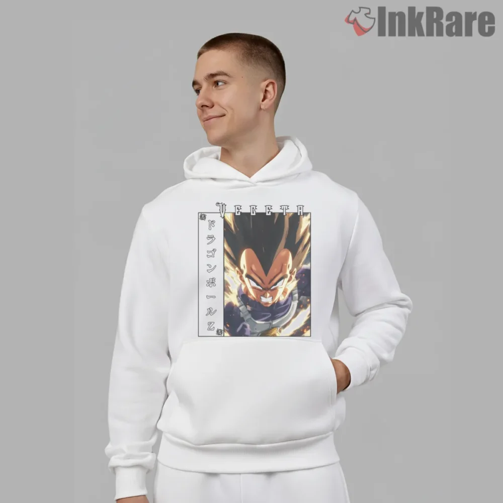 Vegeta Intense Power Aura Portrait Shirt on white hoodie for men graphic tee