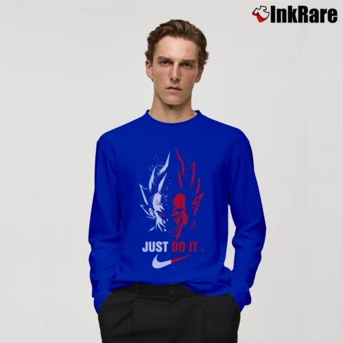 Vegeta Just Do It Trending Graphic Dragon Ball Z Men’s Long-Sleeve Tee in royal blue – Versatile Layering Men’s Vegeta Just Do It Trending Graphic Dragon Ball Z Long-Sleeve Shirt in royal blue | Sleek, Lightweight, Year-Round Wear