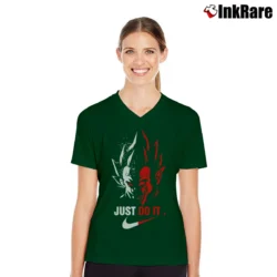 Women’s Vegeta Just Do It Trending Graphic Dragon Ball Z V-Neck Tee in forest green | Chic Neckline, Soft Texture