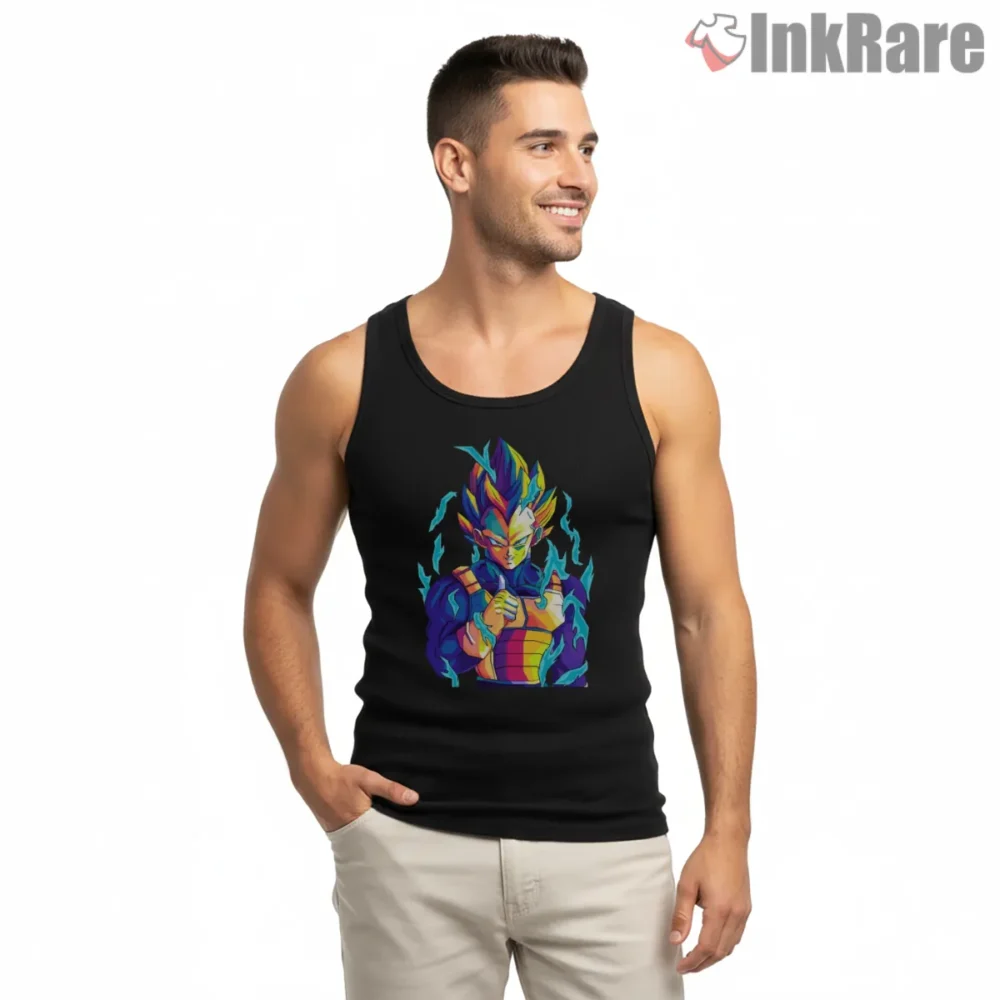 Vegeta Neon Prince Of Saiyans Shirt on black tank top for men graphic tee