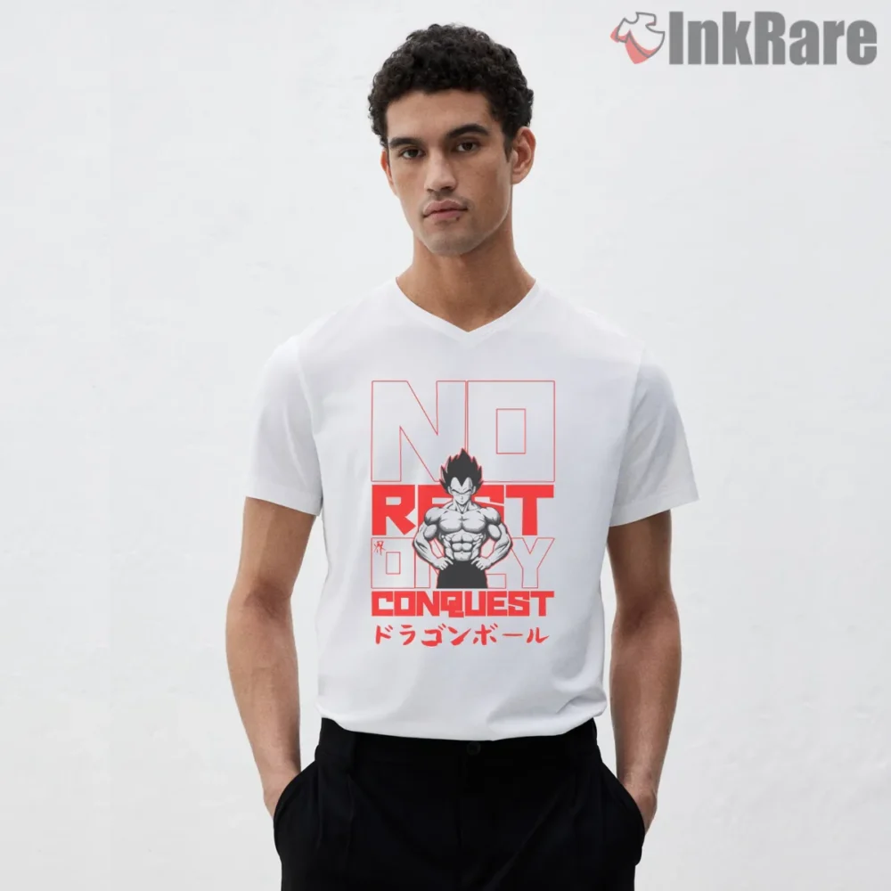 Vegeta No Rest Conquest Gym Poster Shirt on white v-neck shirt for men graphic tee