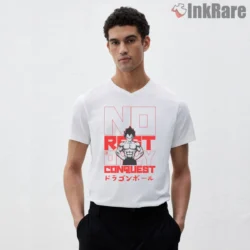 Vegeta No Rest Conquest Gym Poster Shirt on white v-neck shirt for men graphic tee