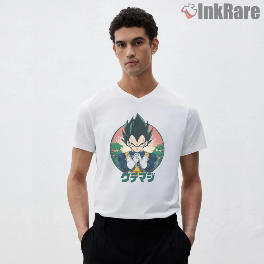 Vegeta Prayer Pose Saiyan Resolve Shirt on white v-neck shirt for men graphic tee