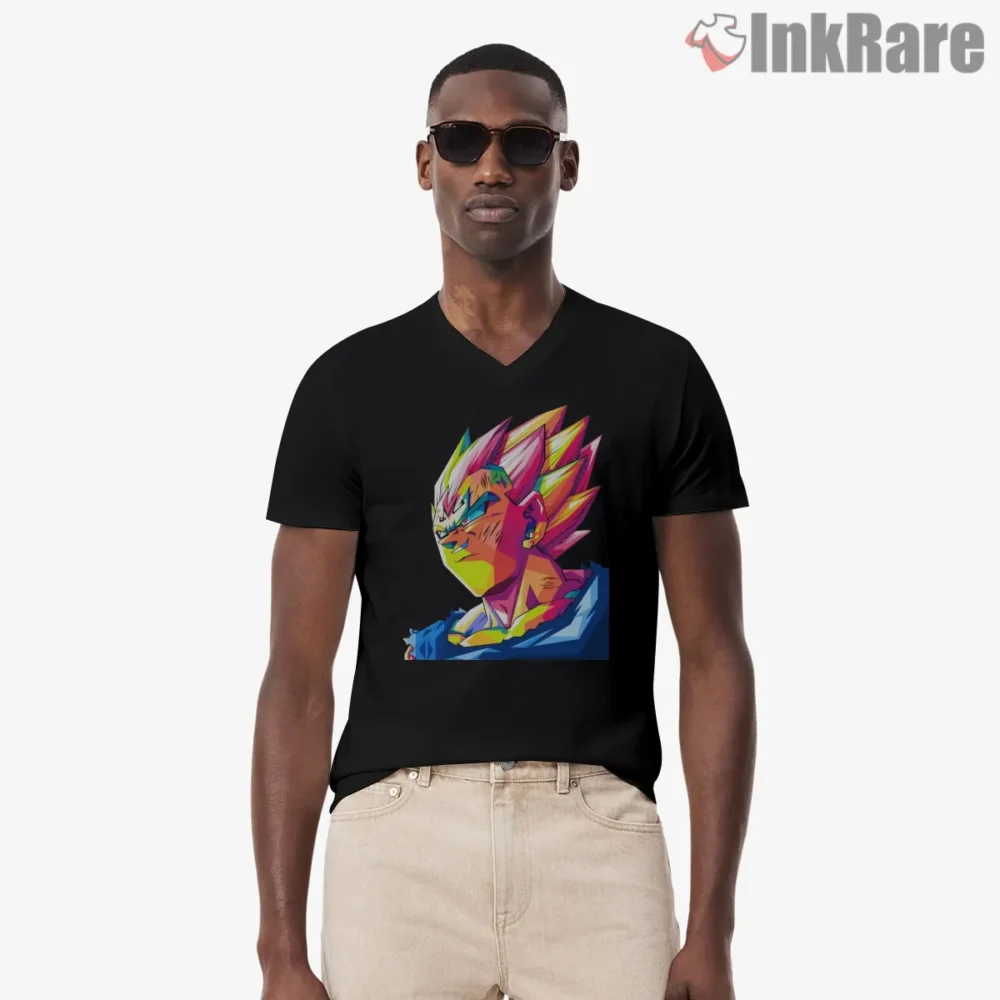 Vegeta Prince Of Saiyans Neon Portrait Shirt on black v-neck shirt for men graphic tee