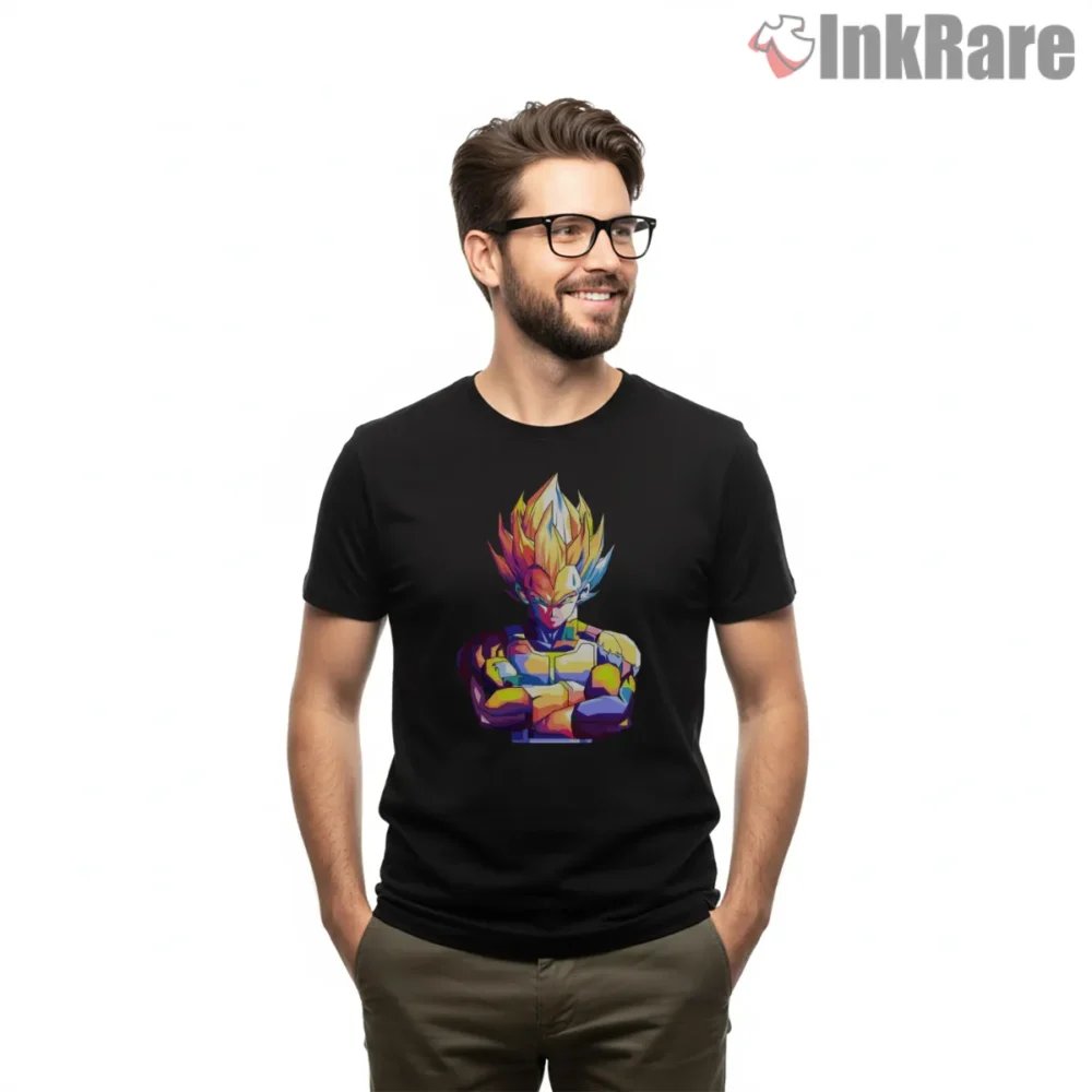 Vegeta Prince Of Saiyans Neon Rage Shirt on black short sleeve shirt for men graphic tee