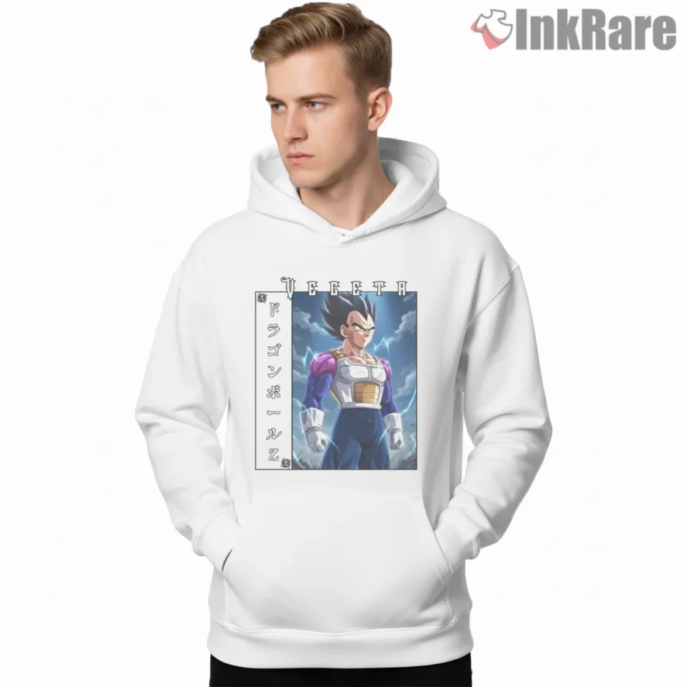 Vegeta Saiyan Elite Battle Portrait Shirt on white hoodie for men graphic tee