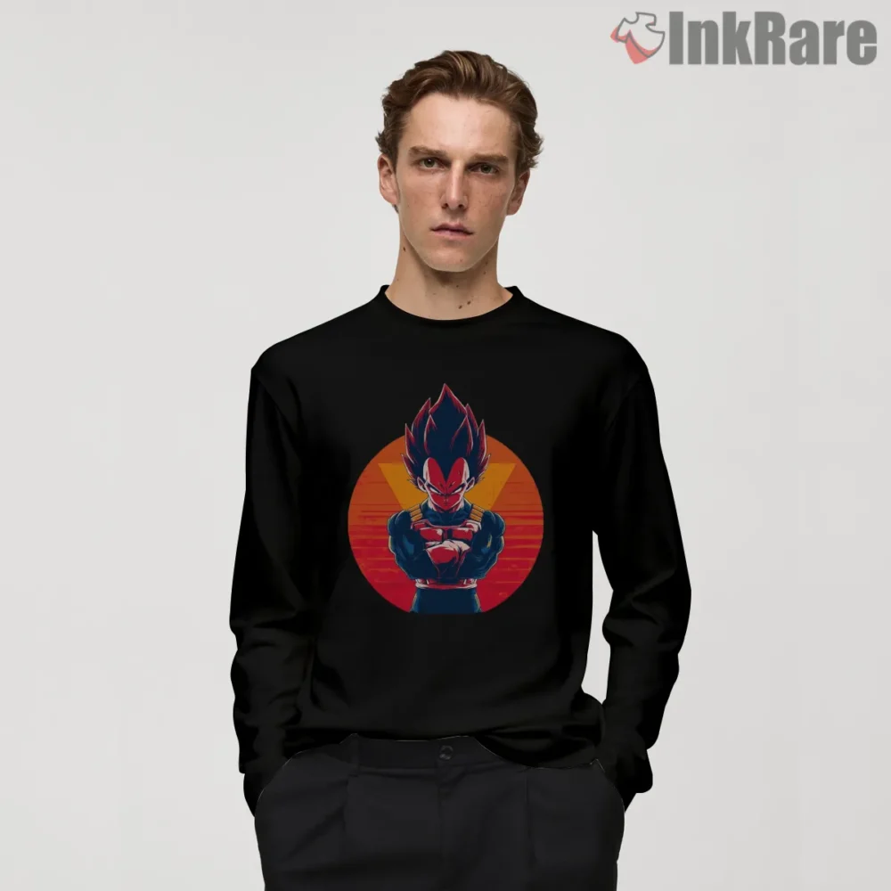 Vegeta Sunset Circle Arms Crossed Shirt on black long sleeve shirt for men graphic tee