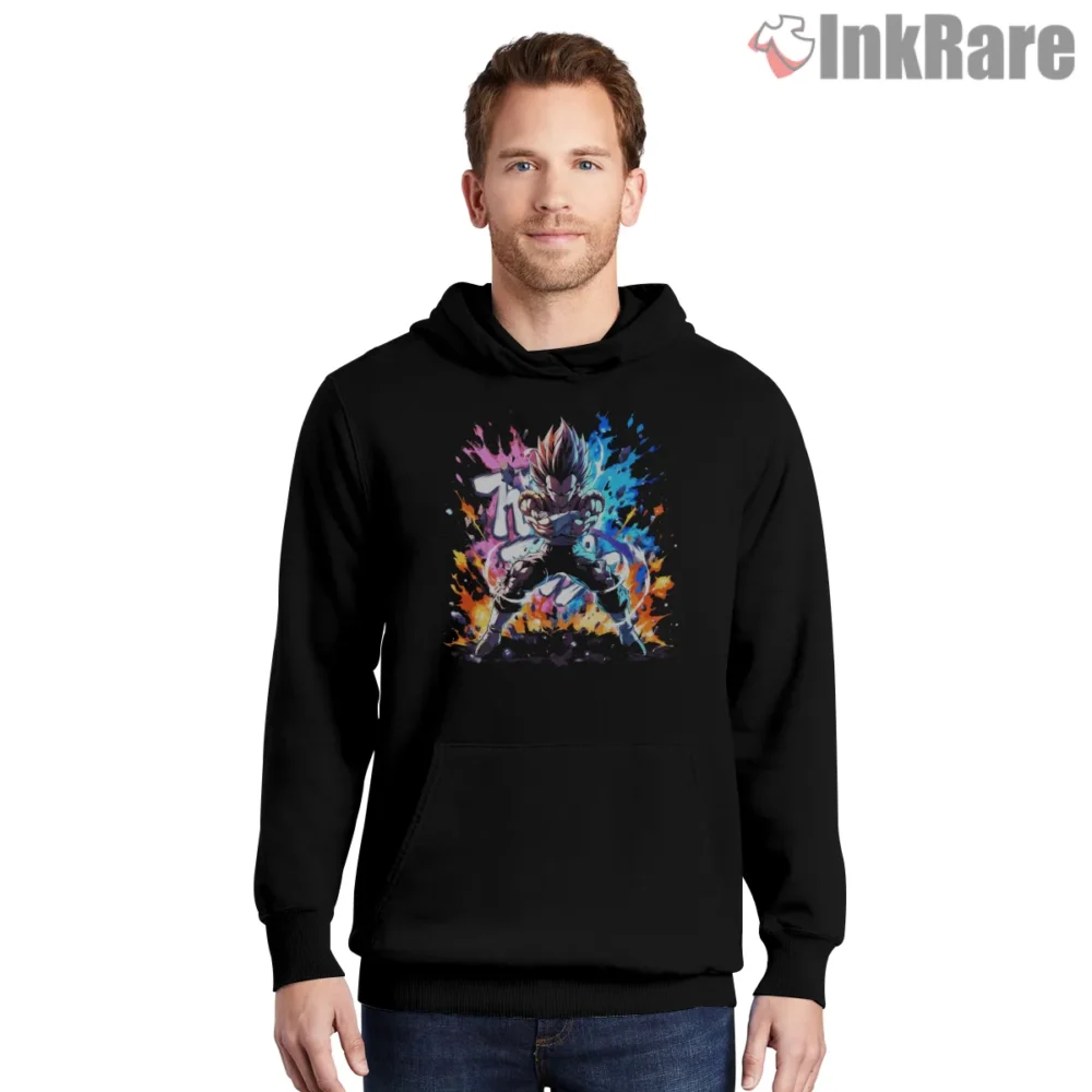 Vegeta Super Saiyan Dark Blue Aura Shirt on black hoodie for men graphic tee