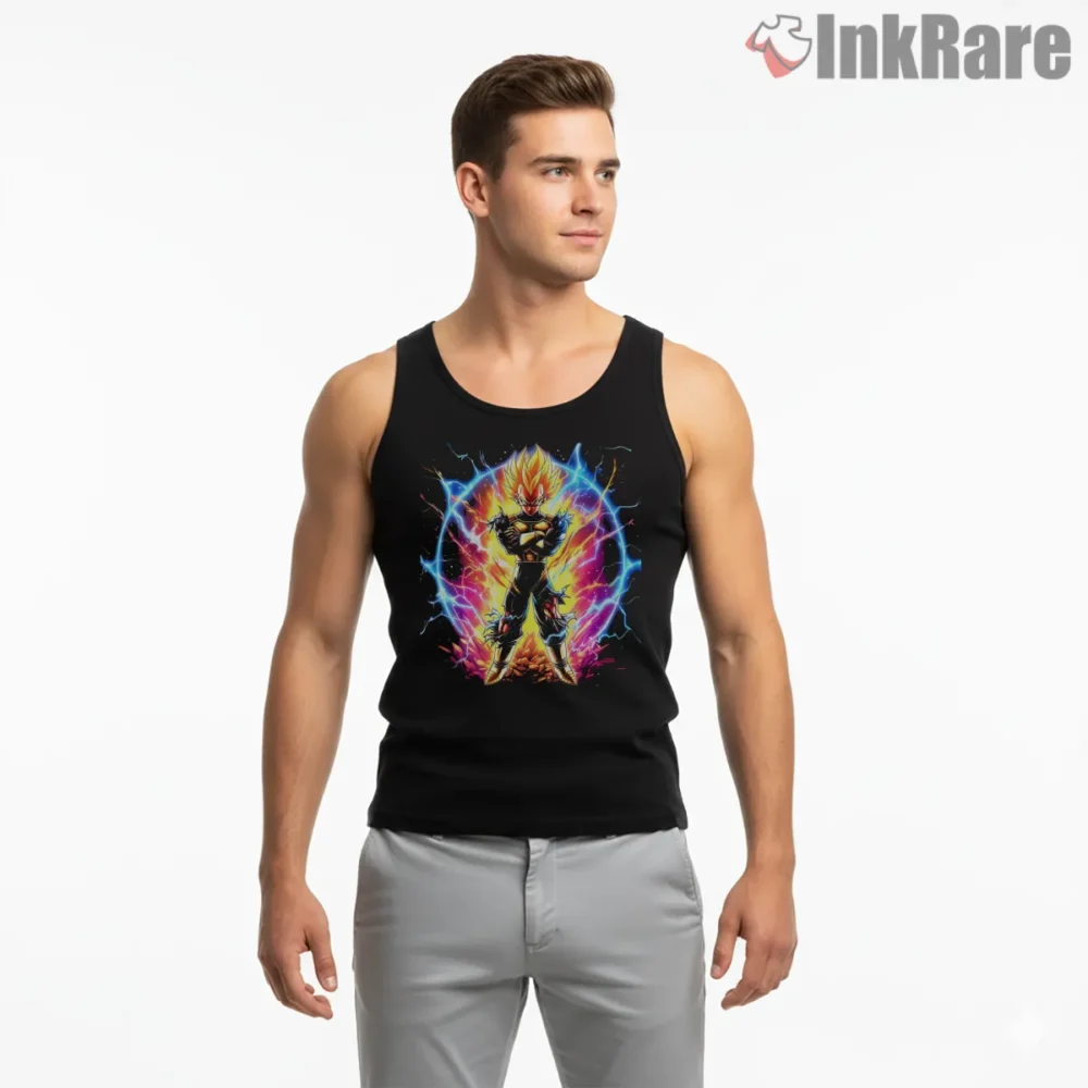 Vegeta Super Saiyan Lightning Aura Dragon Ball Shirt on black tank top for men graphic tee