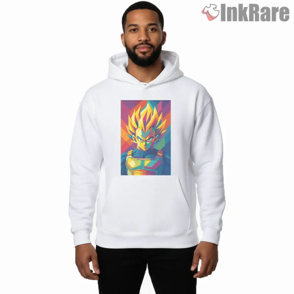 Vegeta Super Saiyan Neon Flame Art Shirt on white hoodie for men graphic tee