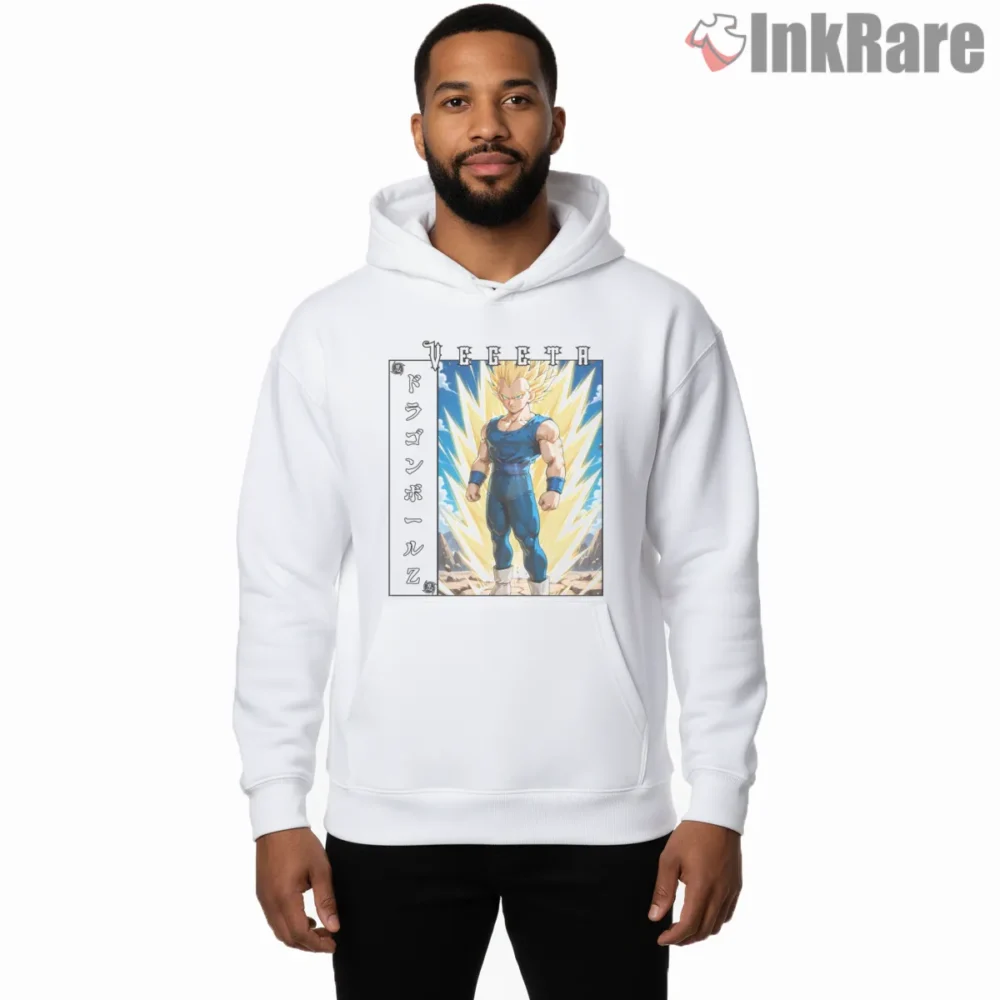 Vegeta Super Saiyan Two Lightning Charge Shirt on white hoodie for men graphic tee