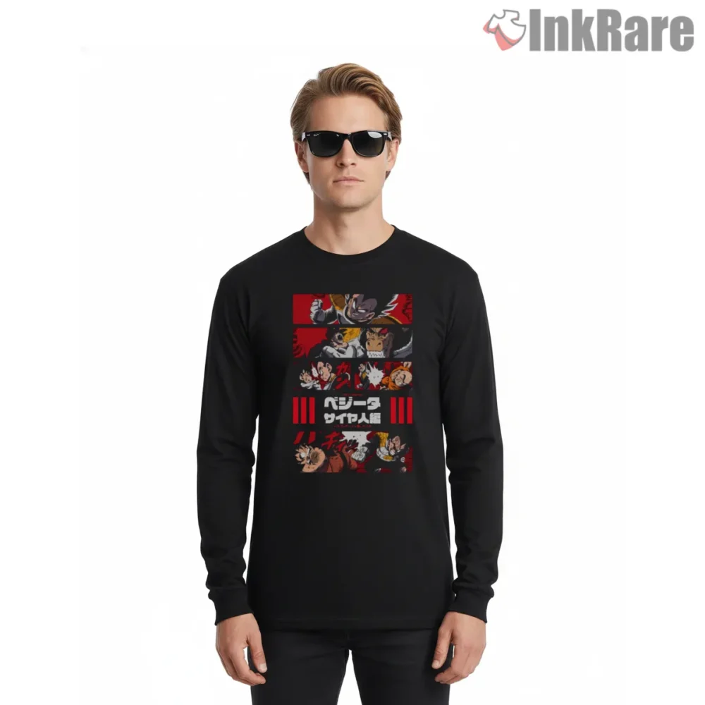 Vegeta The Wrath Of The Prince Battle Collage Shirt on black long sleeve shirt for men graphic tee