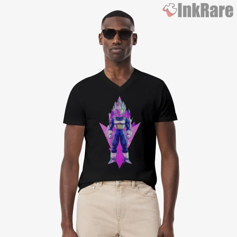 Vegeta Ultra Violet Saiyan Form Shirt on black v-neck shirt for men graphic tee