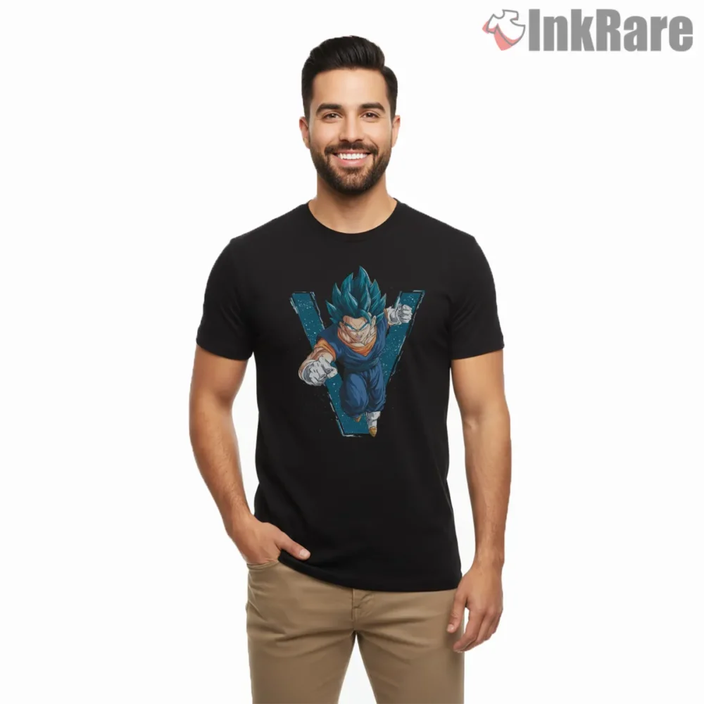Vegito Blue Hero V Emblem Shirt on black short sleeve shirt for men graphic tee