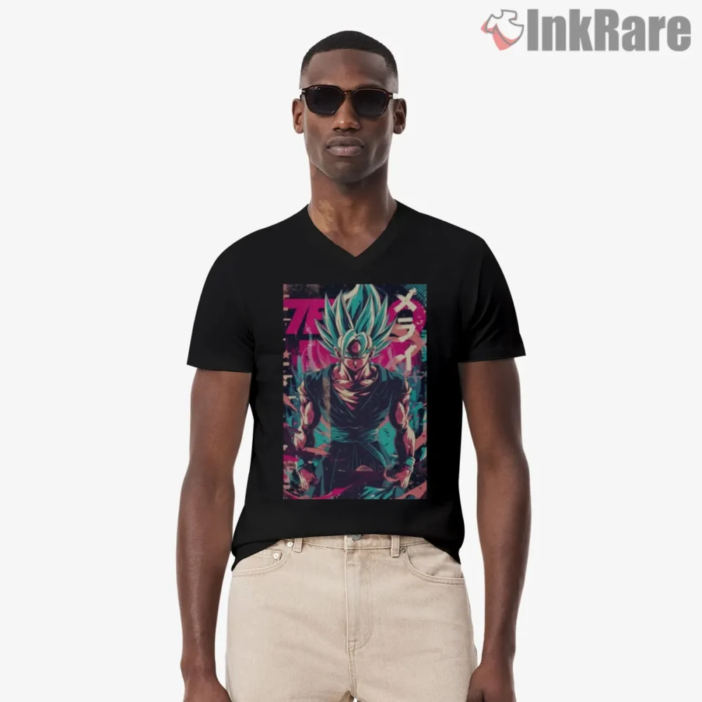 Vegito Blue Neon Glitch Poster Shirt on black v-neck shirt for men graphic tee