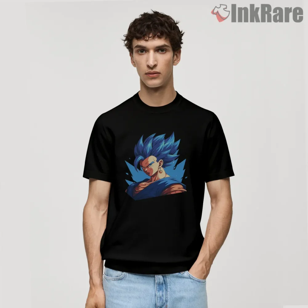 Vegito Super Saiyan Blue Portrait Shirt on black short sleeve shirt for men graphic tee