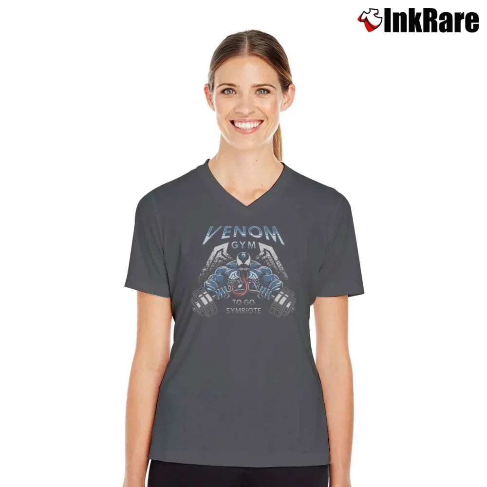 Women’s Venom Gym Go To Symbiote Marvel Superhero Movie V-Neck Tee in charcoal | Chic Neckline, Soft Texture