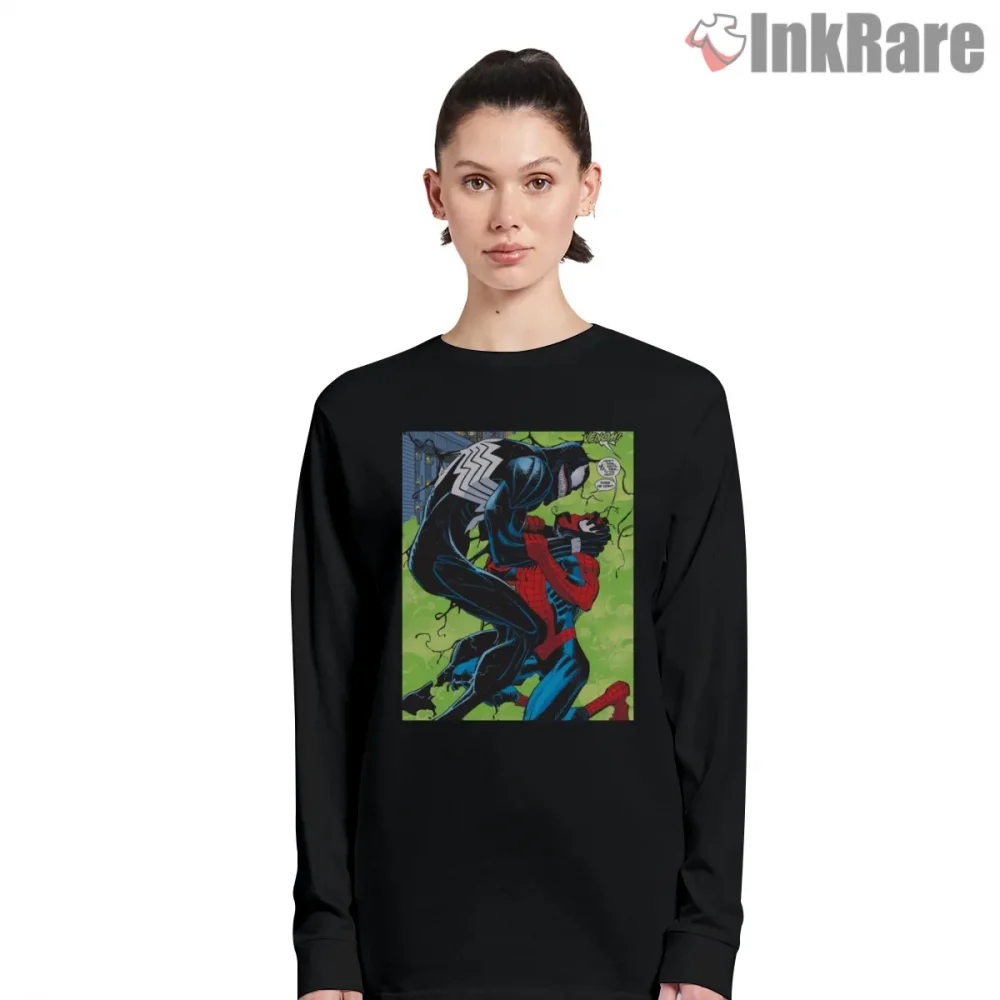 Venom Versus Spider Man Classic Comic Clash Shirt on black long sleeve shirt for women graphic tee