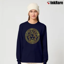 Women’s Versace Medusa Gold Print Black Long-Sleeve Top in navy | Sleek, Versatile, All-Season