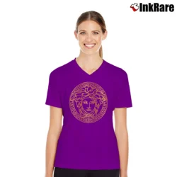 Women’s Versace Medusa Gold Print Black V-Neck Tee in purple | Chic Neckline, Soft Texture