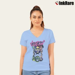 Women’s Versace Medusa Graffiti Print V-Neck Tee in light blue | Chic Neckline, Soft Texture