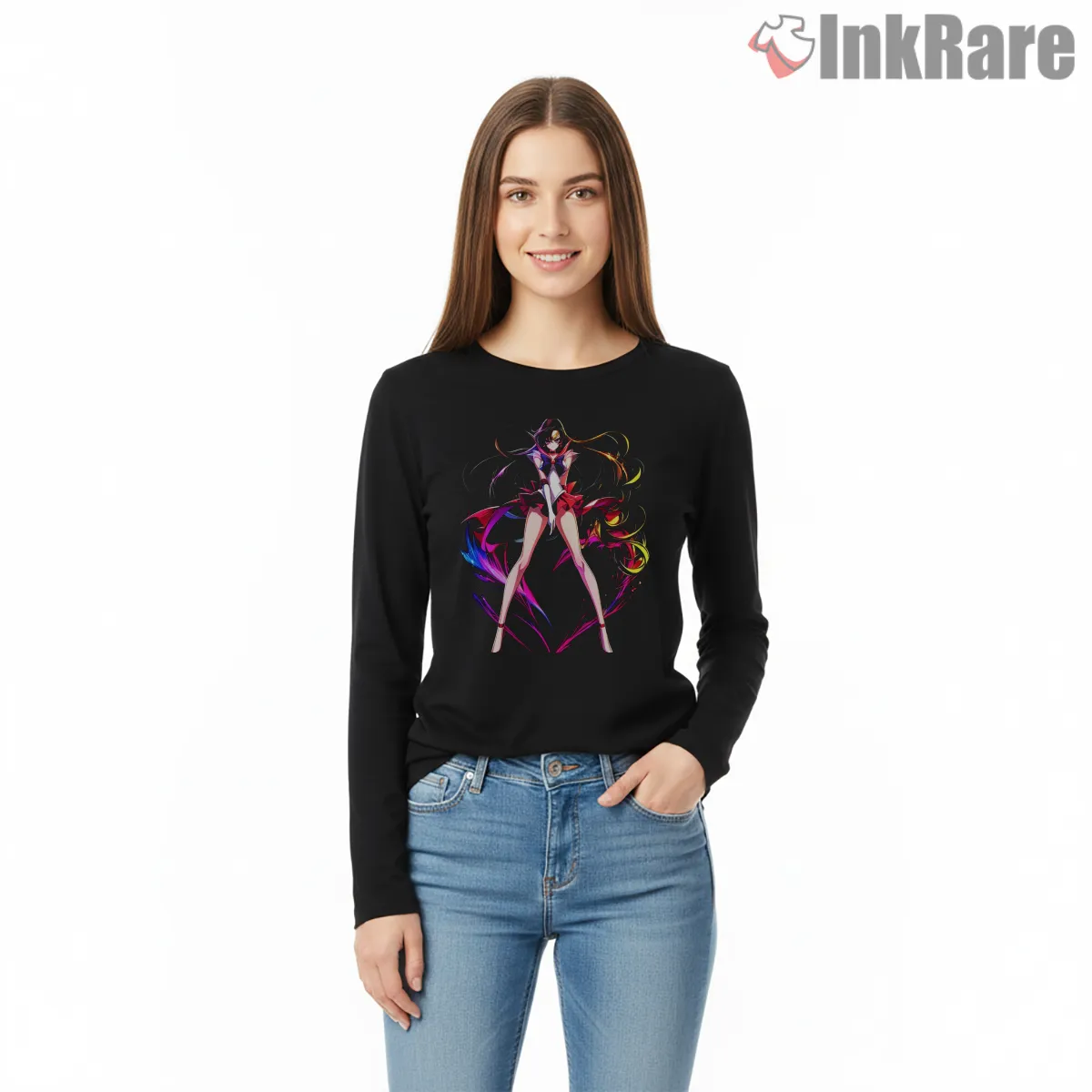 Vibrant Abstract Cosmic Guardian Energy Shirt on black long sleeve shirt for women graphic tee