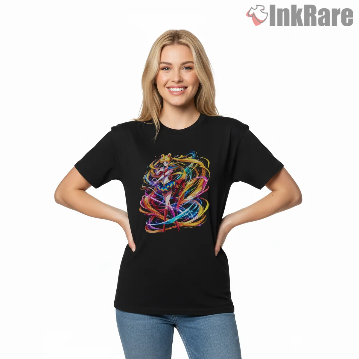 Vibrant Magical Girl Energy Burst Short Sleeve Black Vibrant Magical Girl Energy Burst Shirt on black short sleeve shirt for women graphic tee