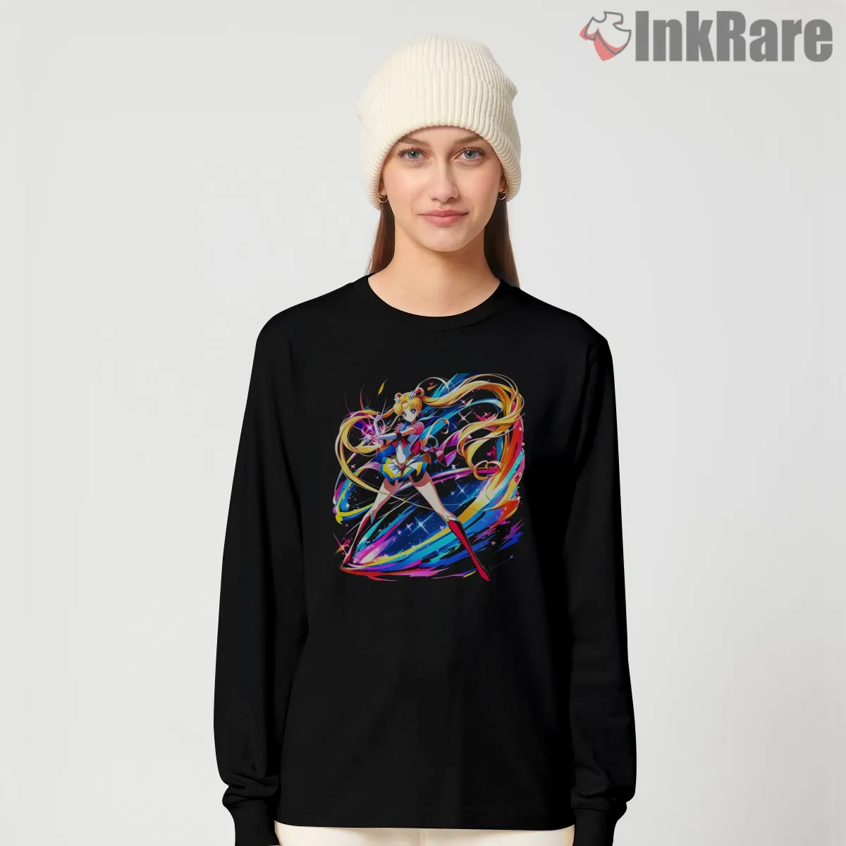 Vibrant Moon Guardian Color Splash Shirt on black long sleeve shirt for women graphic tee