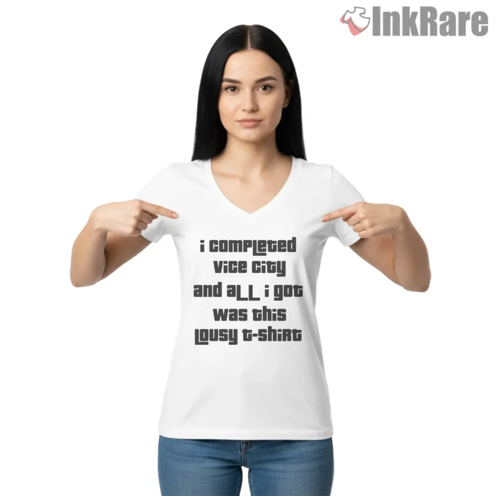 Vice City Completion Quote Frankie Outfit Retro Gta Shirt on white v-neck shirt for women graphic tee