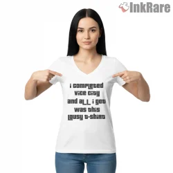 Vice City Completion Quote Frankie Outfit Retro Gta Shirt on white v-neck shirt for women graphic tee