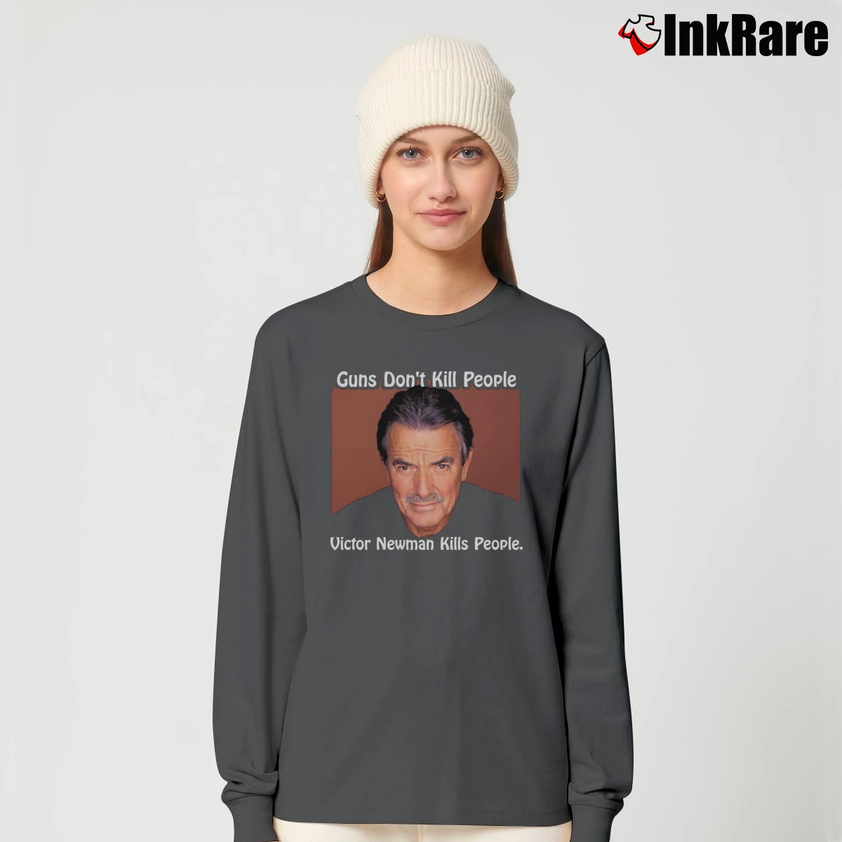 Women’s Victor Newman Guns Don't Kill People Soap Villain Long-Sleeve Top in charcoal | Sleek, Versatile, All-Season
