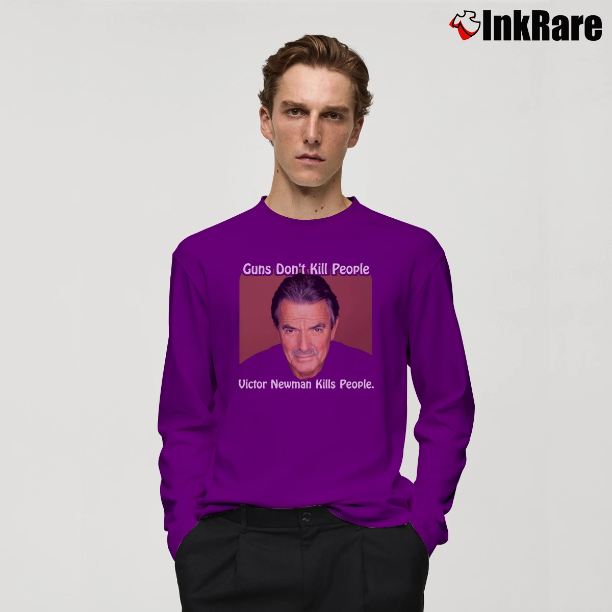 Men’s Victor Newman Guns Don't Kill People Soap Villain Long-Sleeve Shirt in purple | Sleek, Lightweight, Year-Round Wear