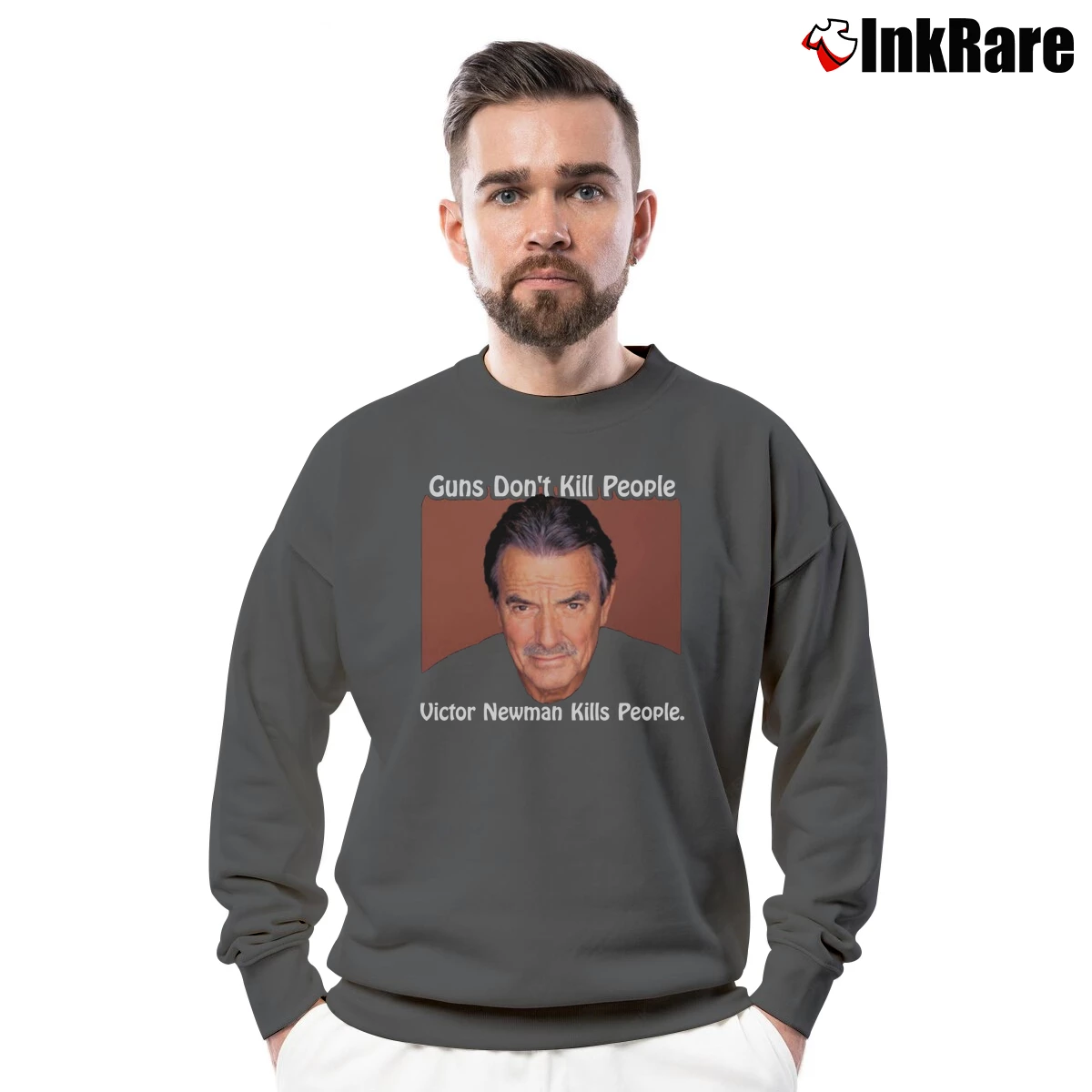 Men’s Victor Newman Guns Don't Kill People Soap Villain Crewneck Sweatshirt in charcoal | Cozy Fabric, Clean Style