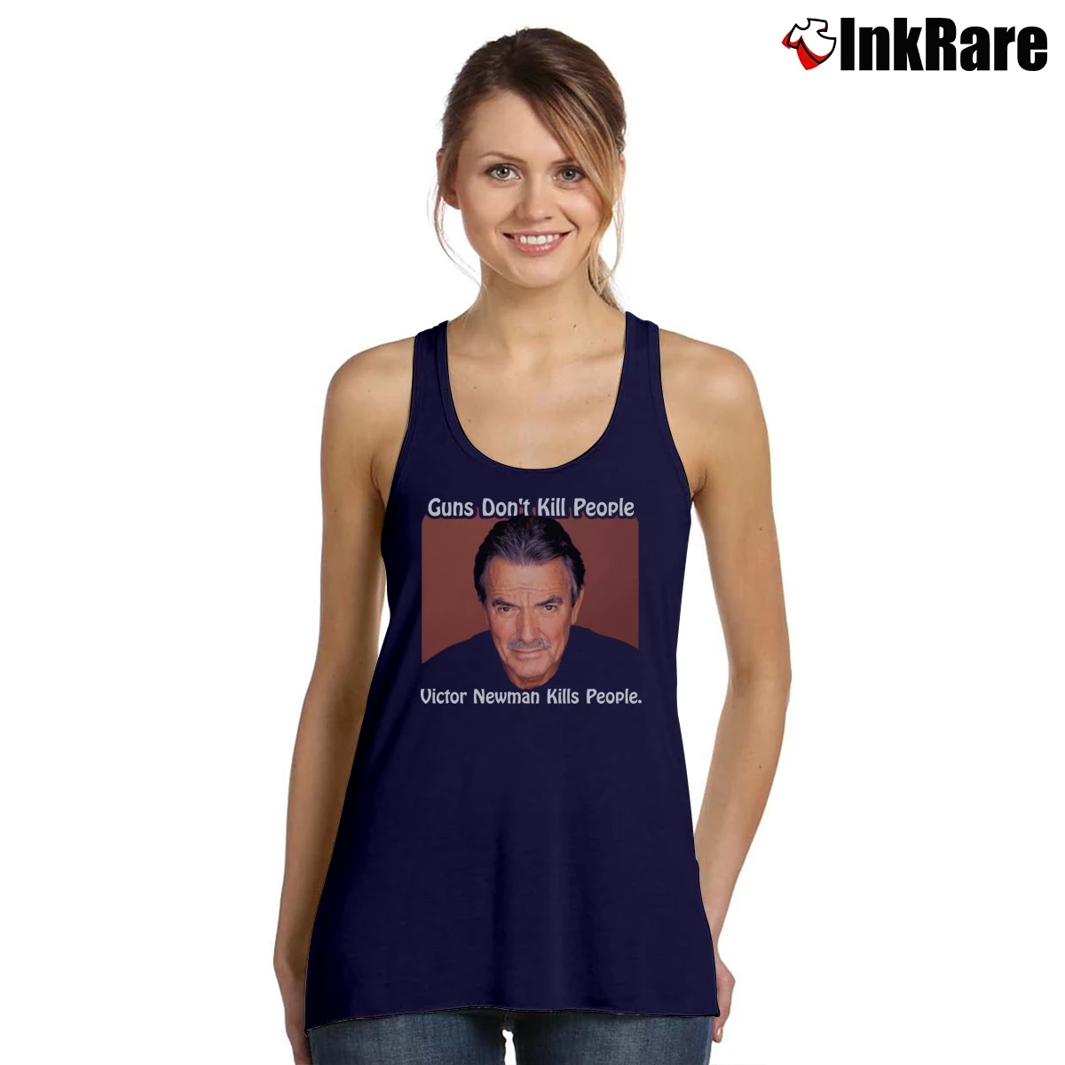 Women’s Victor Newman Guns Don't Kill People Soap Villain Tank Top in navy | Lightweight, Movement-Friendly