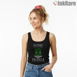 Victory Or Valhalla Mjolnir Norse Viking Warrior Shirt on black tank top for women graphic tee
