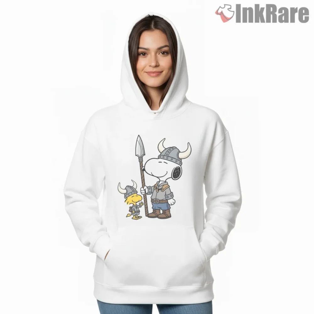 Viking Snoopy And Woodstock Warrior Shirt on white hoodie for women graphic tee