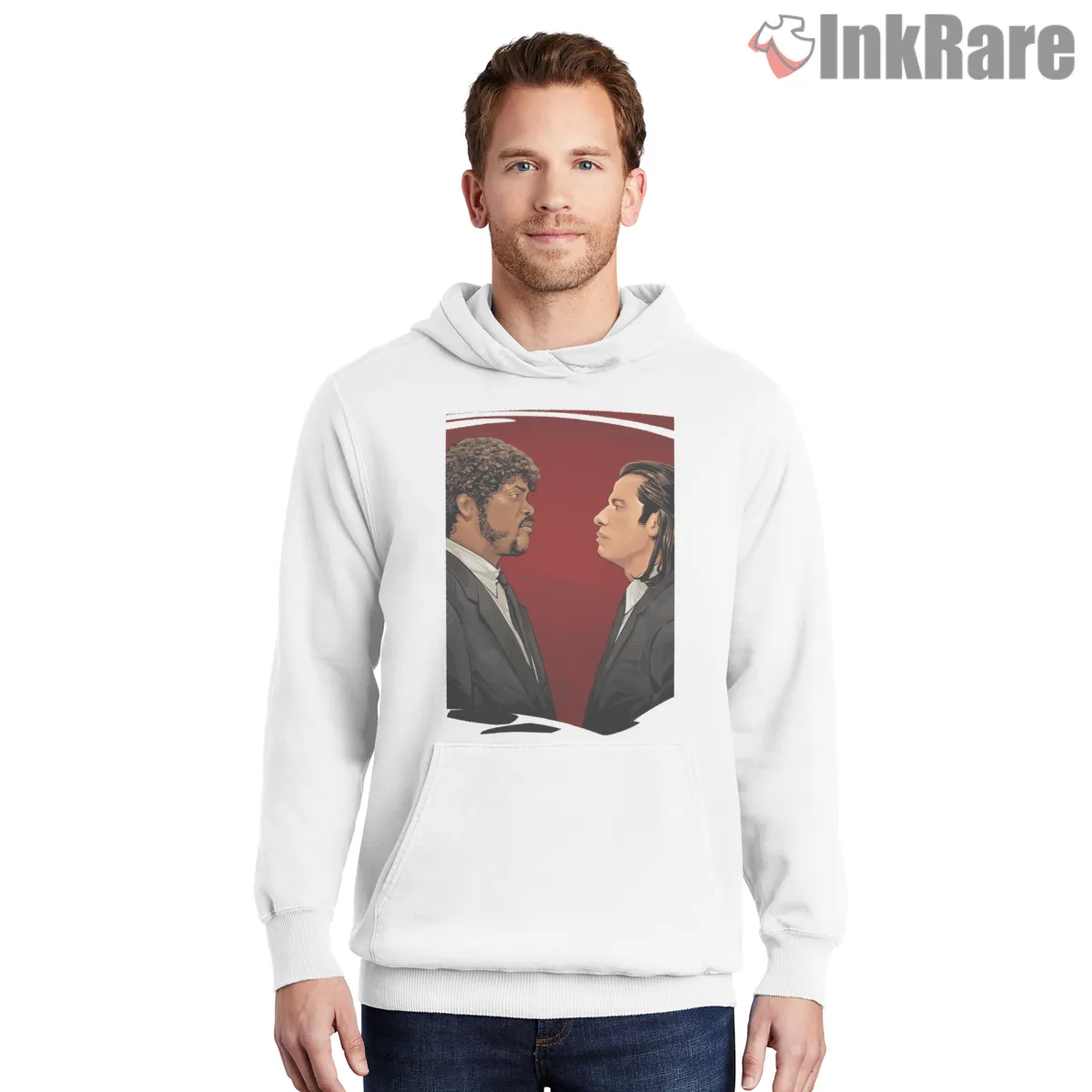 Vince And Jules Red Standoff Shirt on white hoodie for men graphic tee