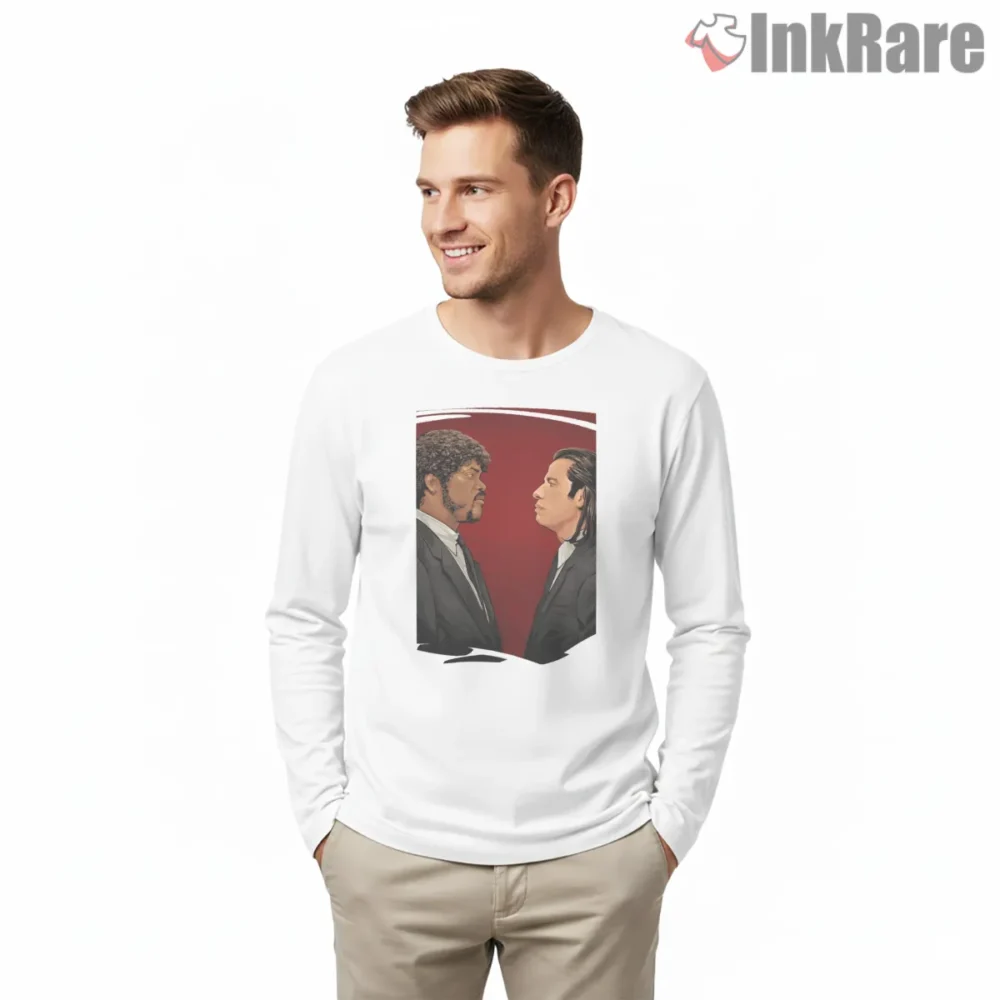 Vince And Jules Red Standoff Shirt on white long sleeve shirt for men graphic tee