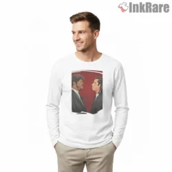 Vince And Jules Red Standoff Shirt on white long sleeve shirt for men graphic tee