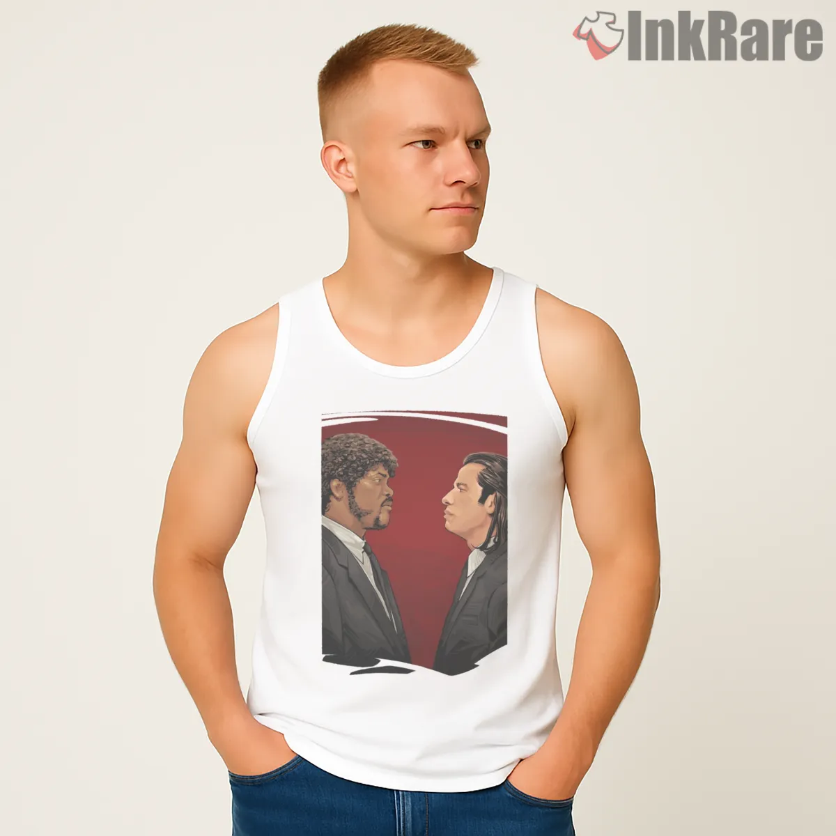 Vince And Jules Red Standoff Tank Top White Vince And Jules Red Standoff Shirt on white tank top for men graphic tee