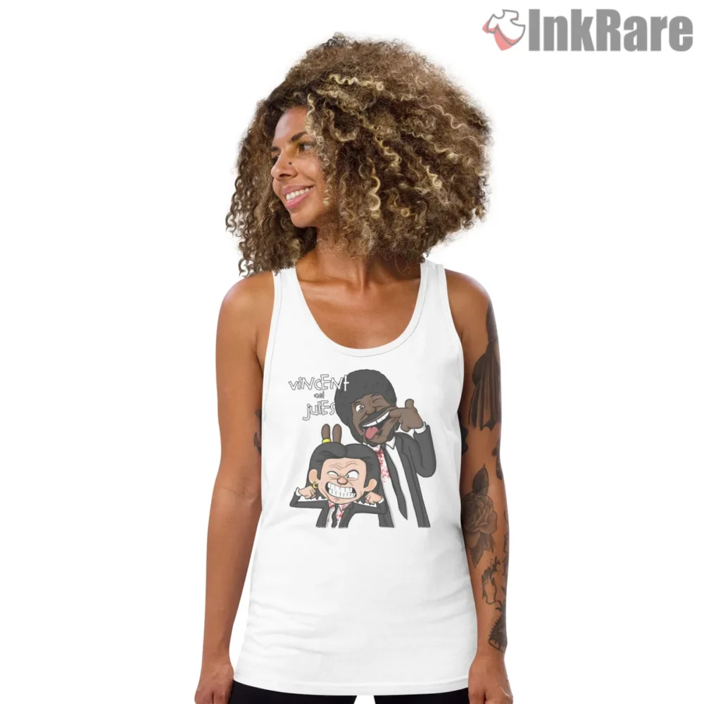 Vincent And Jules Chibi Duo Shirt on white tank top for women graphic tee