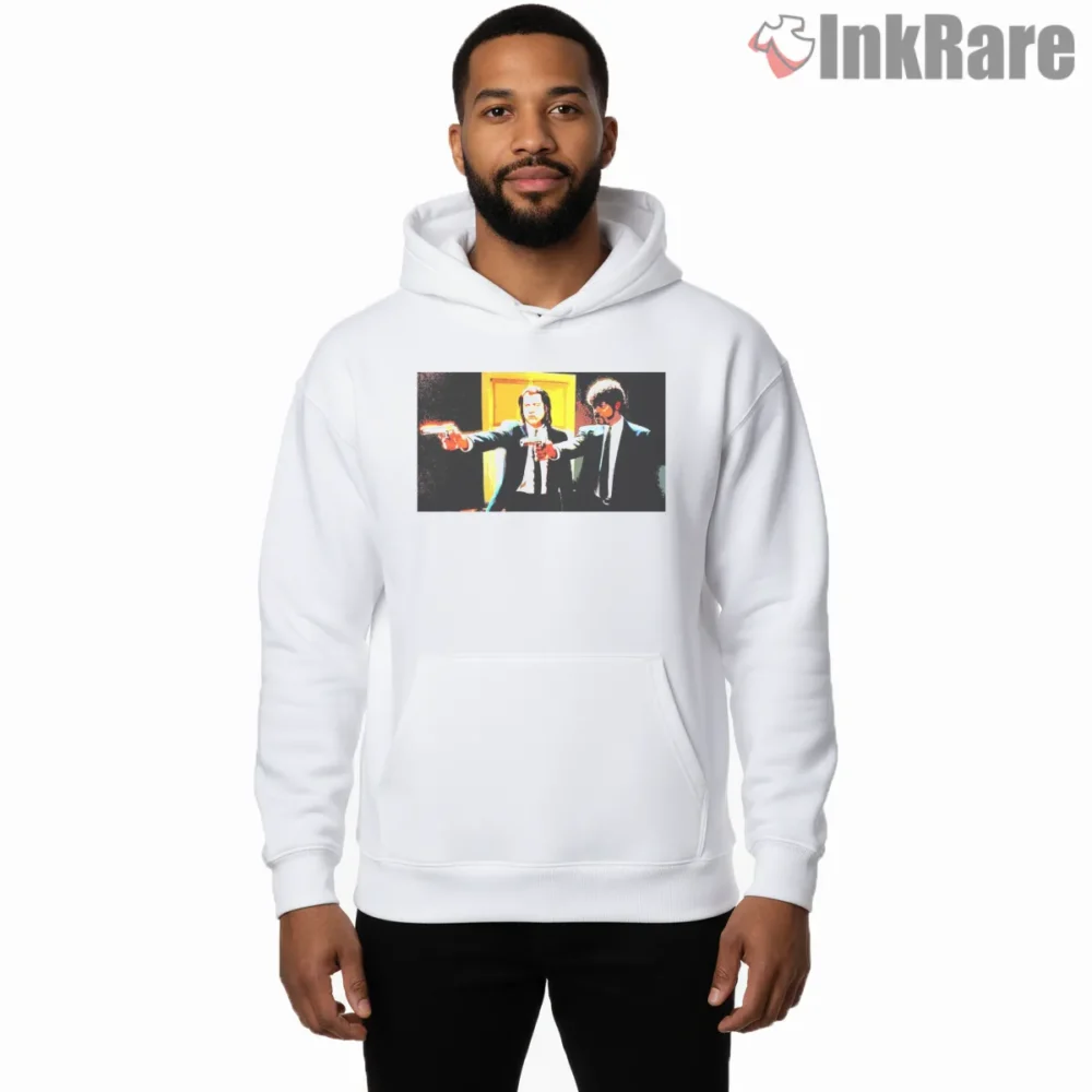 Vincent And Jules Hallway Showdown Shirt on white hoodie for men graphic tee