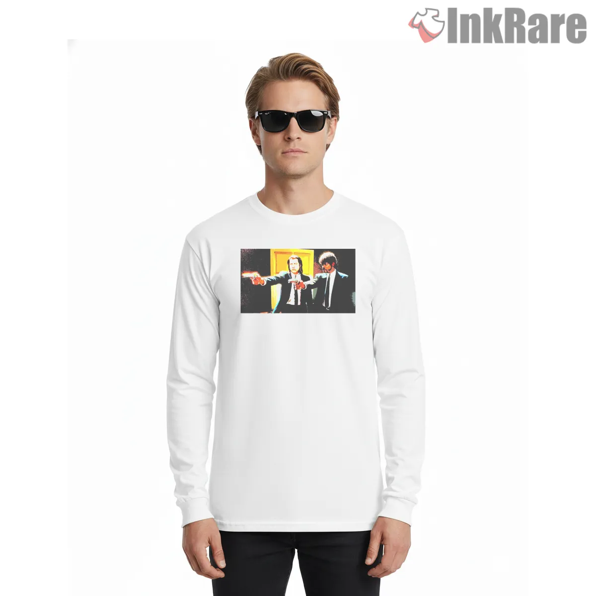 Vincent And Jules Hallway Showdown Shirt on white long sleeve shirt for men graphic tee
