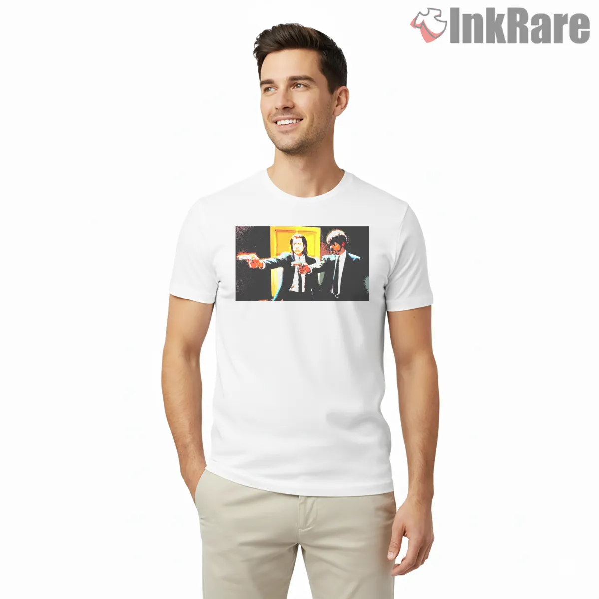 Vincent And Jules Hallway Showdown Short Sleeve White Vincent And Jules Hallway Showdown Shirt on white short sleeve shirt for men graphic tee