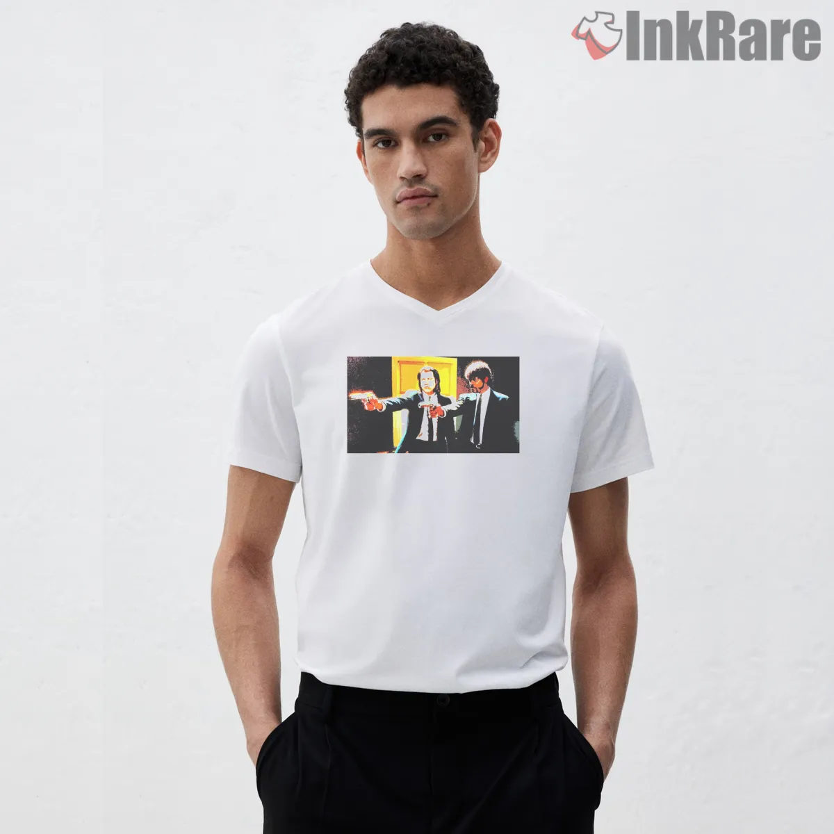 Vincent And Jules Hallway Showdown V Neck White Vincent And Jules Hallway Showdown Shirt on white v-neck shirt for men graphic tee